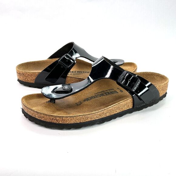 Birkenstock Gizeh Birko-Flor Cork Thong Sandal Women 38 US 7 Patent Black Narrow - Picture 13 of 13